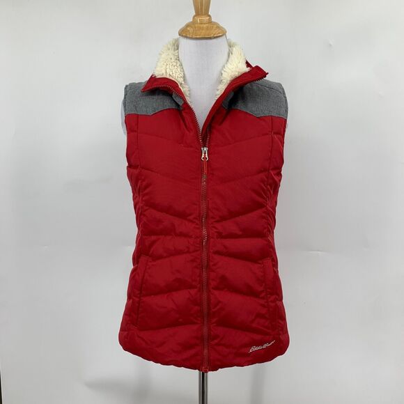 Eddie Bauer Vest Women XS Extra Small Red Grey Faux Fur Lined Down Full Zip - Picture 2 of 15
